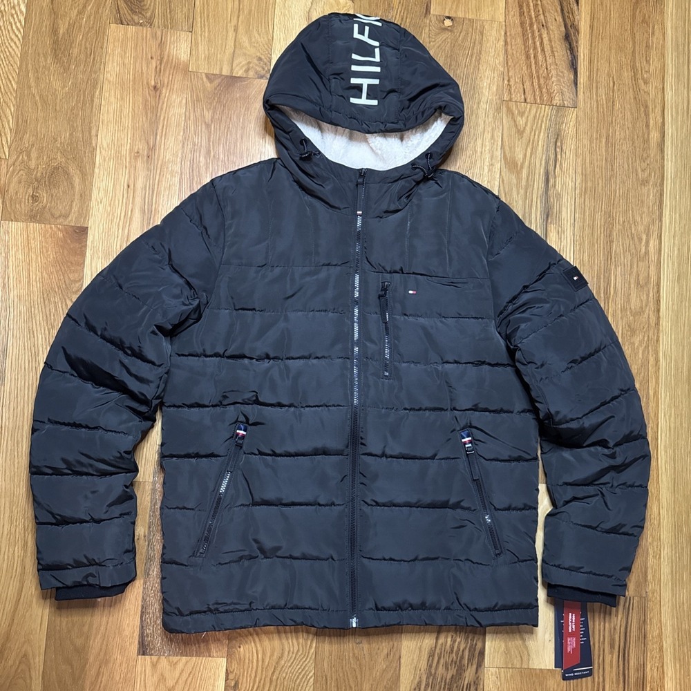 Tommy Hilfiger Men's Medium Puffer Jacket Black Hooded Warm Like Down Coat NWT‎